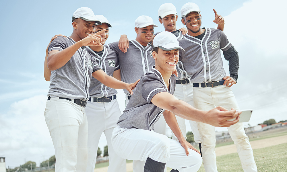 selfie, team and baseball, happy and sports men, baseball player